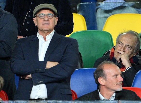 epa11314991 Former Italian Prime Minister Massimo D&#039;Alema (R) and member of the Italian Chamber of Deputies Fabio Rampelli (L) attend the UEFA Europe League semifinal 1st leg soccer match between ...