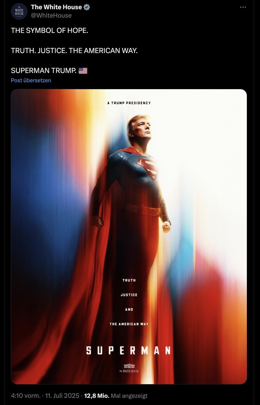 Kein Scherz! Posting über den X-Account des Weissen Hauses in Washington D.C. KI-generiertes Bild zeigt Donald Trump als Superman