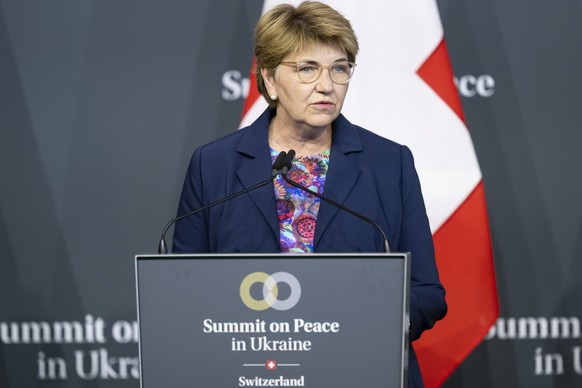 Swiss Federal President Viola Amherd speaks during the closing Media conference, during the Summit on peace in Ukraine, in Stansstad near Lucerne, Switzerland, Sunday, June 16, 2024. Heads of state fr ...