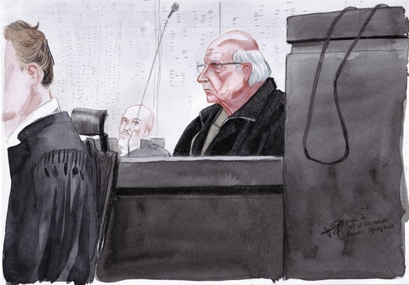 This courtroom sketch by Valentin Pasquier shows Joel Le Scouarnec, now 74, sitting in courtroom and accused of raping or abusing 299 people, mostly child patients, at the Vannes courthouse, western F ...