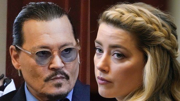 This combination of two separate photos shows actors Johnny Depp, left, and Amber Heard in the courtroom for closing arguments at the Fairfax County Circuit Courthouse in Fairfax, Va., on Friday, May  ...