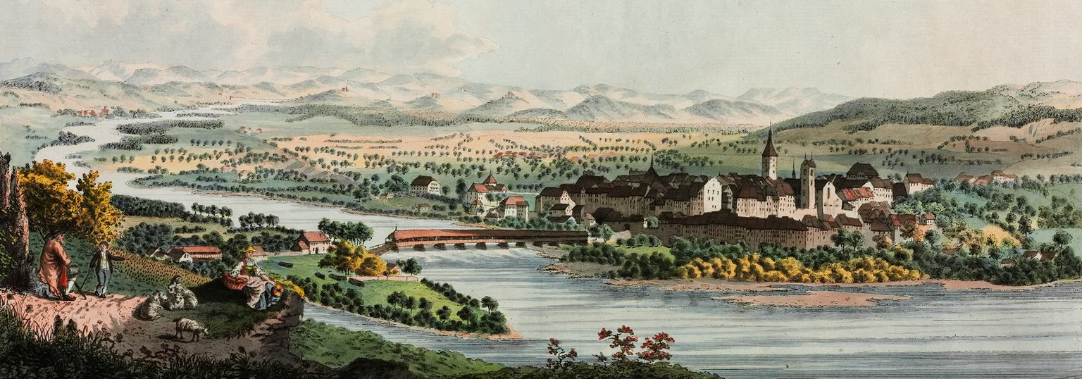 Ansicht von Aarau von Nordwest mit Holzbrücke, Insel und Weg um 1785. Gabriel Ludwig Lory père (1763 - 1840).