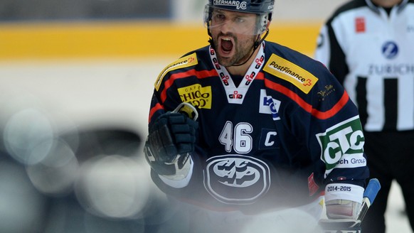 Ambri&#039;s Paolo Duca cheers after scoring during the playout game of National League A (NLA) Swiss Championship 2014/15 between HC Ambri-Piotta and the Kloten Flyers, at the ice stadium Valascia, i ...