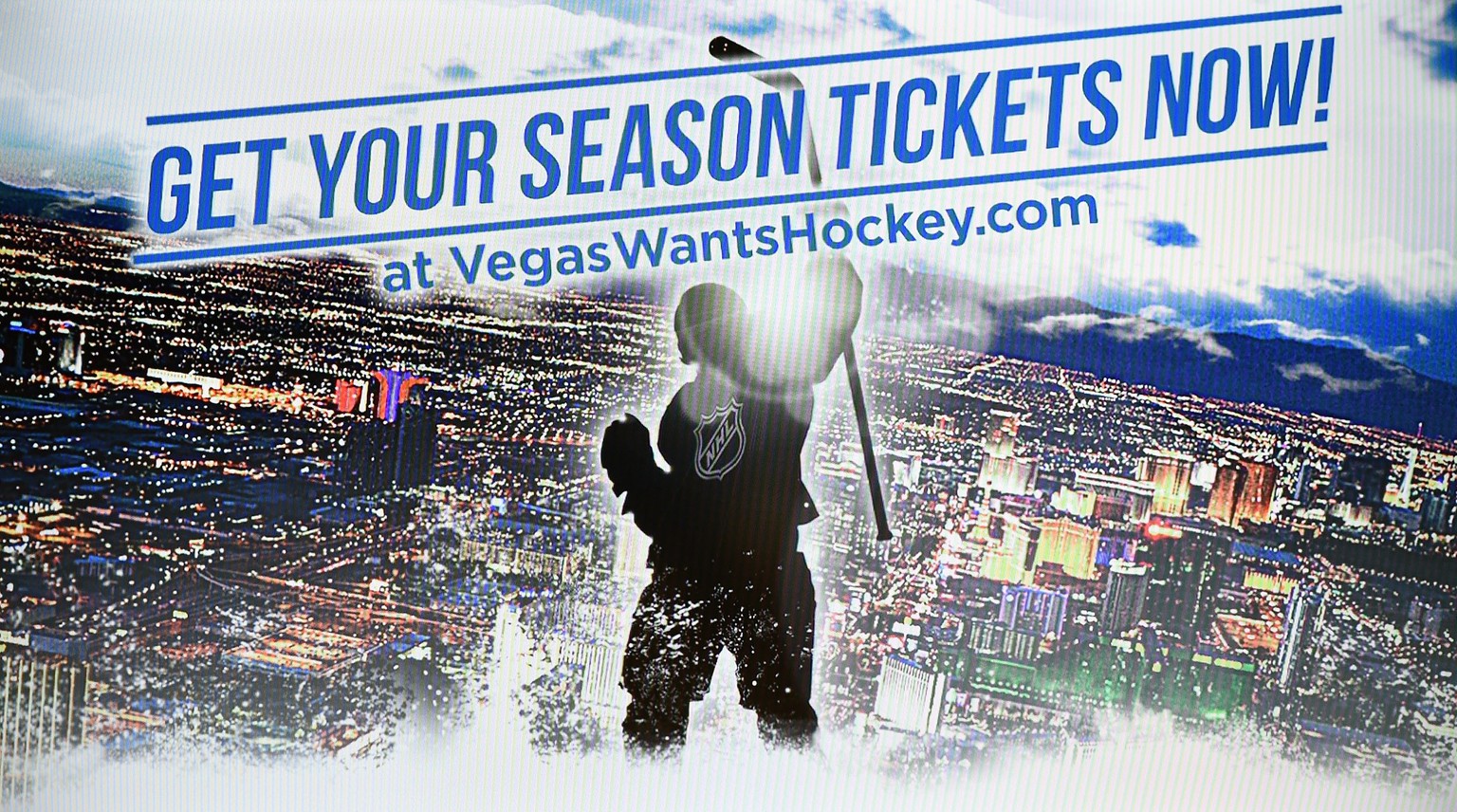 LAS VEGAS, NV - FEBRUARY 10: A television shows an advertisement from Hockey Vision Las Vegas during a news conference at the MGM Grand Hotel &amp; Casino announcing the launch of a season ticket driv ...