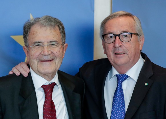 epa07311627 Former Italian Prime Minister and former President of the EU Commission Romano Prodi (L) is welcomed by European Commission President Jean-Claude Juncker ahead of a meeting at the European ...