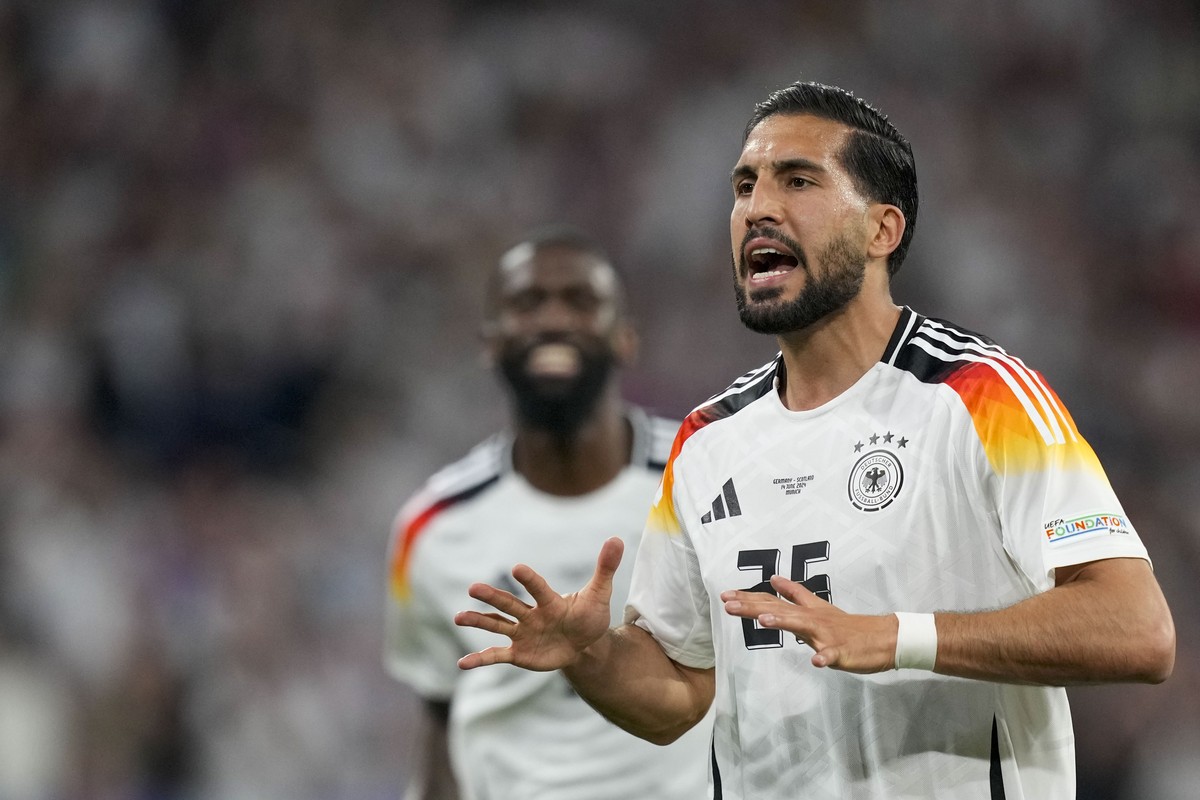 Germany's Emre Can celebrates after scoring his side's fifth goal during a Group A match between Germany and Scotland at the Euro 2024 soccer tournament in Munich, Germany, Friday, June 14,  ...