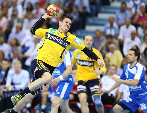 GUMMERSBACH, GERMANY - MAY 24: Andy Schmid of Rhein-Neckar Loewen tries to score during the DKB Handball Bundesliga match between VfL Gummersbach and Rhein-Neckar Loewen at Schwalbe Arena on May 24, 2 ...