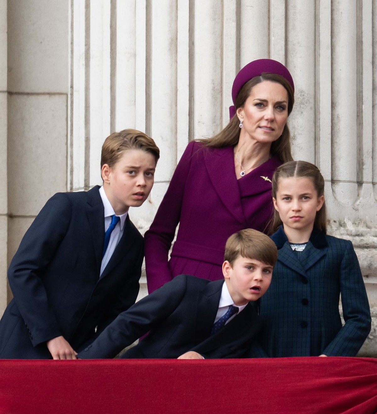 LONDON, ENGLAND - MAY 05: Prince George, Catherine, Princess of Wales, Prince Louis and Princess Charlotte watch the flypast to mark the 80th anniversary of VE Day on May 05, 2025 in London, England.  ...