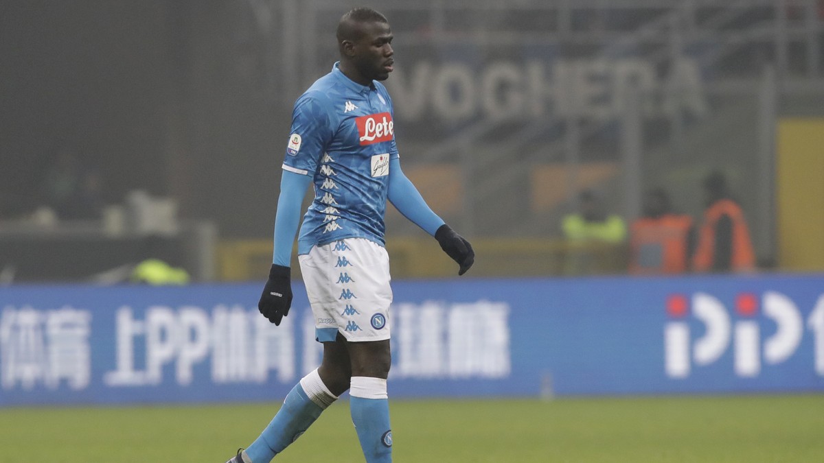 FILE - In this Wednesday, Dec. 26, 2018 file photo, Napoli's Kalidou Koulibaly leaves the pitch after receiving a red card from the referee during a Serie A soccer match between Inter Milan and N ...