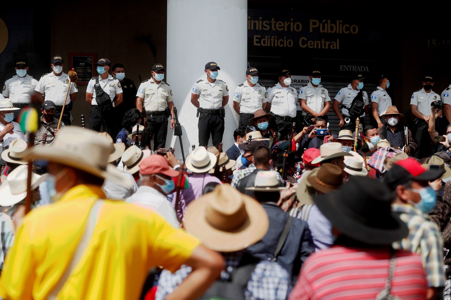 epa09545994 Dozens of indigenous people from different departments of the country, protest demanding the cessation of the state of siege established by the government in the department of El Estor, ar ...