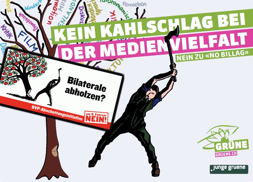 Die Ähnlichkeit der beiden Polit-Kampagnen ist offensichtlich: Gross im Bild, die aktuelle Kampagne der Grünen gegen die «No Billag»-Initiative. Das kleine Bild zeigt eine Gegenkampagne zur Masseneinw ...