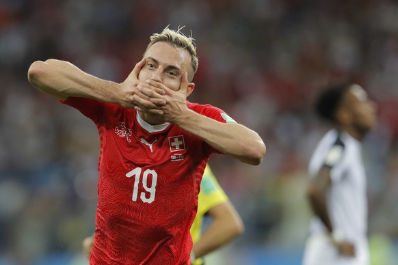 Switzerland&#039;s Josip Drmic celebrates after scoring his side&#039;s second goal during the group E match between Switzerland and Costa Rica at the 2018 soccer World Cup in the Nizhny Novgorod Stad ...