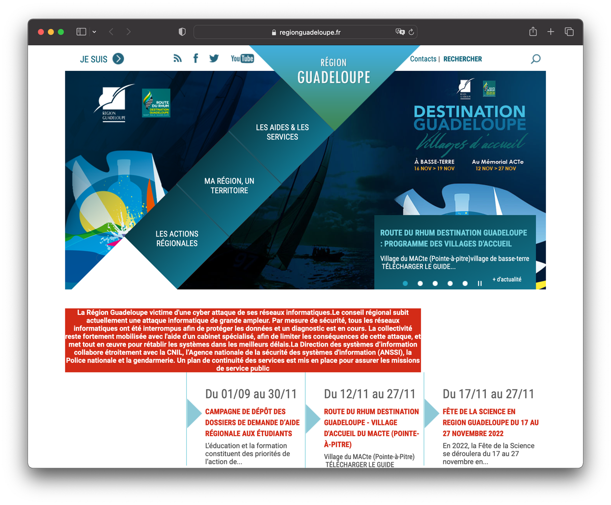 Auf der Website der französischen Region Goudaeloupe prangt ein rotes Banner, das auf einen Cyberangriff hinweist. (22. November 2022)