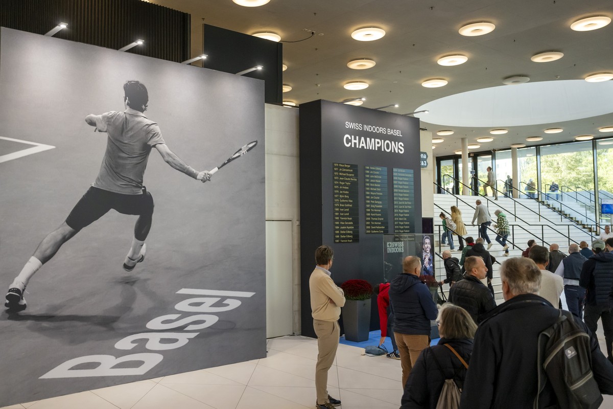 A poster of Roger Federer is displayed in the entrance area of the Swiss Indoors tennis tournament at the St. Jakobshalle in Basel, Switzerland, on Friday, October 25, 2024. (KEYSTONE/Georgios Kefalas ...