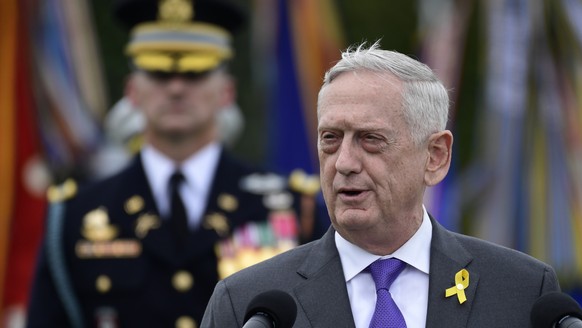 FILE -In this Sept. 21, 2018, file photo, Defense Secretary Jim Mattis speaks during the 2018 POW/MIA National Recognition Day Ceremony at the Pentagon in Washington. President Donald Trump says Matti ...