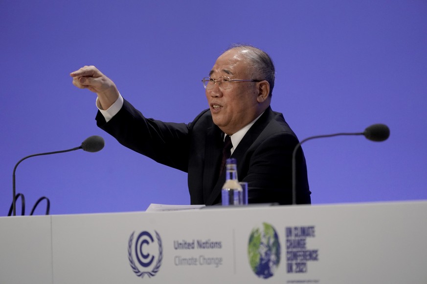 China&#039;s climate spokesman Xie Zhenhua takes a question at the COP26 U.N. Climate Summit, in Glasgow, Scotland, Wednesday, Nov. 10, 2021. The U.N. climate summit in Glasgow has entered its second  ...