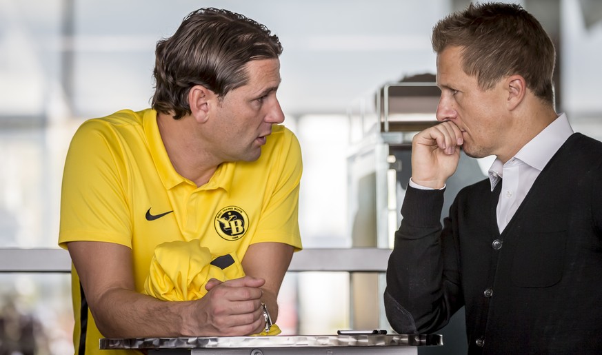 Young Boys&#039; Gerardo Seoane, left, and Christoph Spycher at the airport in Bern before the departure to Valencia for the UEFA Champions League group H matchday 4 soccer match between Spain&#039;s  ...