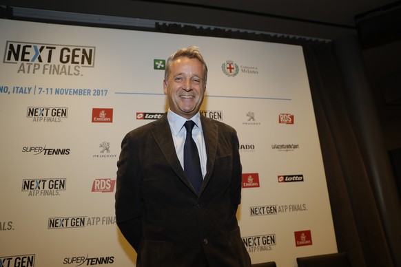 FILE - In this Monday, Nov. 6, 2017 filer, ATP President Chris Kermode smiles during a press conference to present the ATP Next Gen Finals tennis tournament, in Milan, Italy. 
(AP Photo/Luca Bruno)