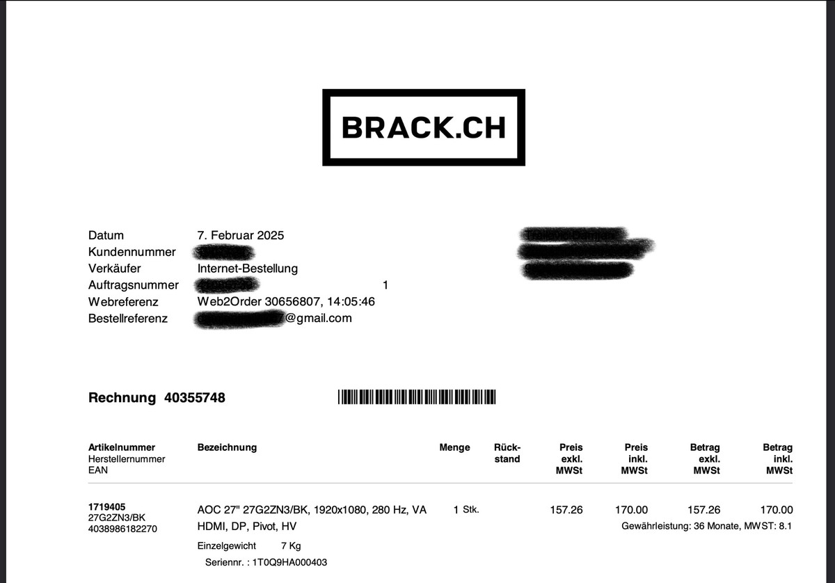 Screenshot einer "Invoice" von Brack.ch