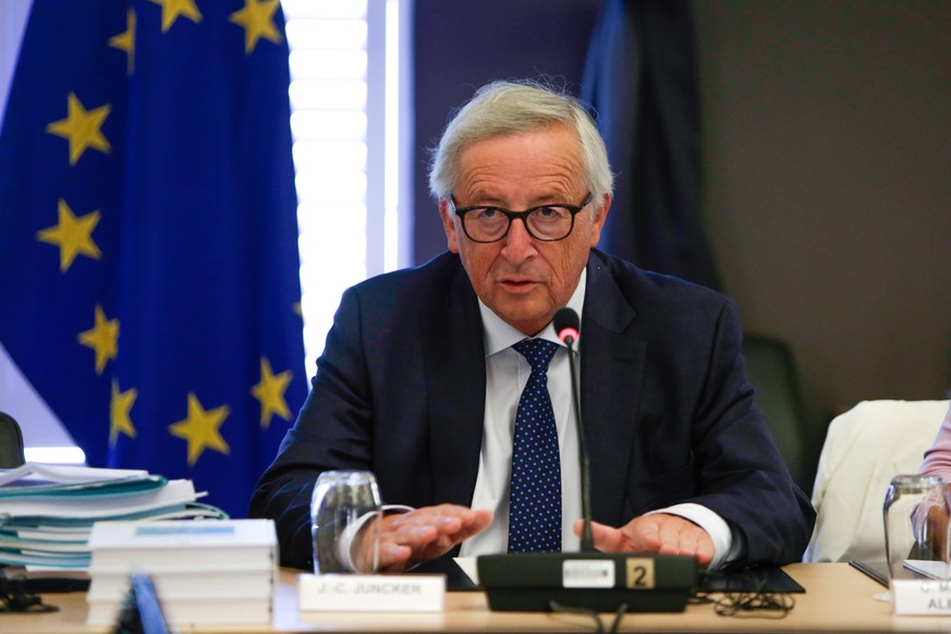 epa06984428 The President of the European Commission, Jean Claude Juncker, addresses European Commissionnaires at the beginning of a seminar of the European Commission in Genval, Belgium, 30 August 20 ...