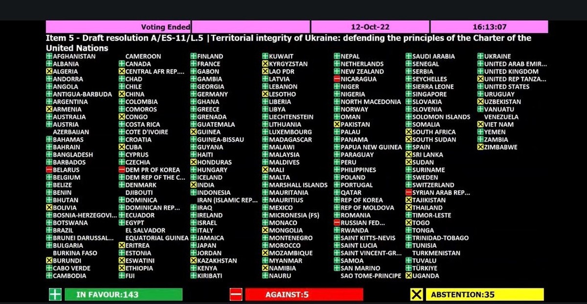 Die Resultate der UN-Abstimmung über die Resolution gegen Russland.