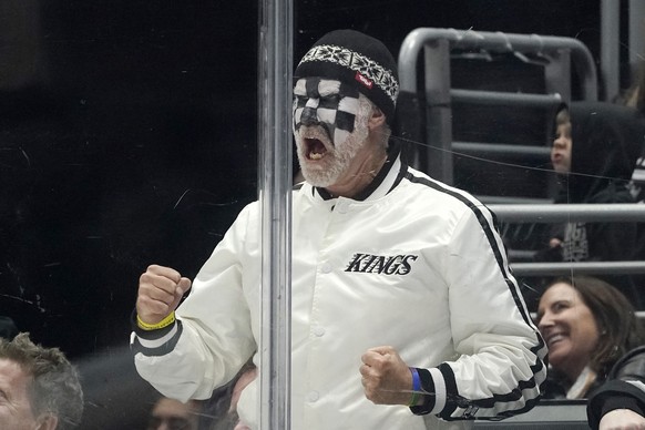 Actor Will Ferrell cheers during the third period in Game 3 of an NHL hockey Stanley Cup first-round playoff series between the Los Angeles Kings and the Edmonton Oilers Friday, April 21, 2023, in Los ...