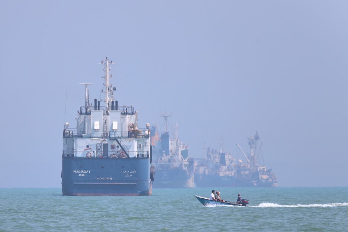 A small motorboat passes anchored vessels in the Strait of Hormuz off Bandar Abbas, Iran, Thursday, June 11, 2026.(Amirhosein Khorgooi/ISNA via AP)
Iran War Strait of Hormuz