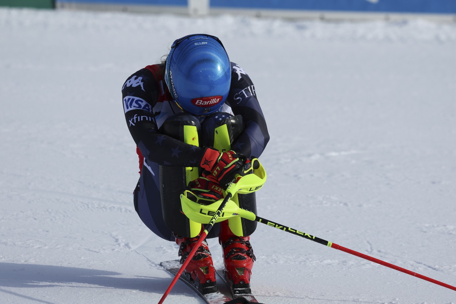 United States&#039; Mikaela Shiffrin reacts after winning an alpine ski, women&#039;s World Cup slalom, in Are, Sweden, Saturday, March 11, 2023. (AP Photo/Alessandro Trovati)