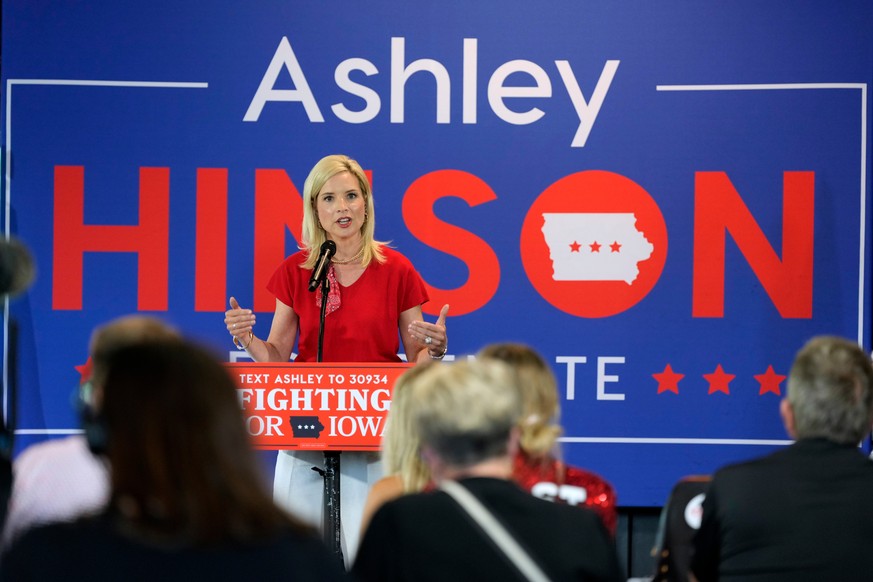 Rep. Ashley Hinson, R-Iowa, speaks during a campaign rally with local residents, Saturday, May 30, 2026, in West Des Moines, Iowa. (AP Photo/Charlie Neibergall)
Ashley Hinson
