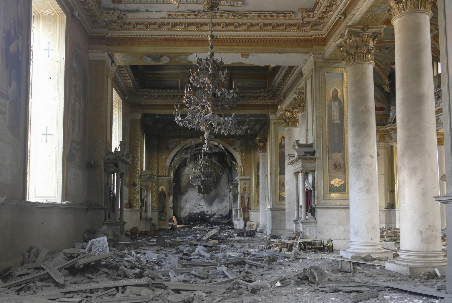 epa10763451 The internal view of the Transfiguration Cathedral, damaged by a missile attack in the Odesa region, southern Ukraine, 23 July 2023. Odesa was attacked by 19 missiles of different classes  ...