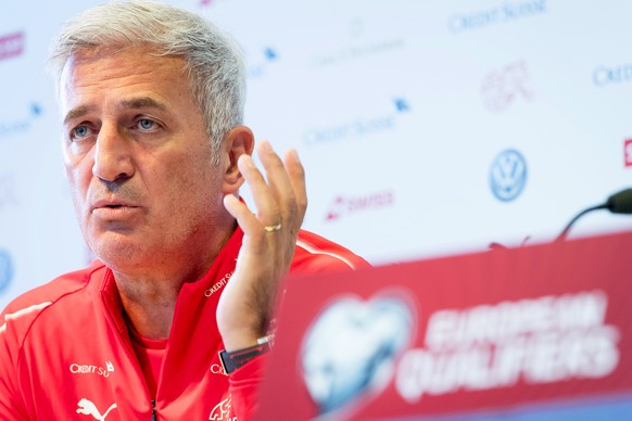 epa07825845 Swiss national soccer team head coach Vladimir Petkovic speaks during a press conference in Montreux, Switzerland, 07 September 2019. Switzerland will face Gibraltar in their UEFA EURO 202 ...