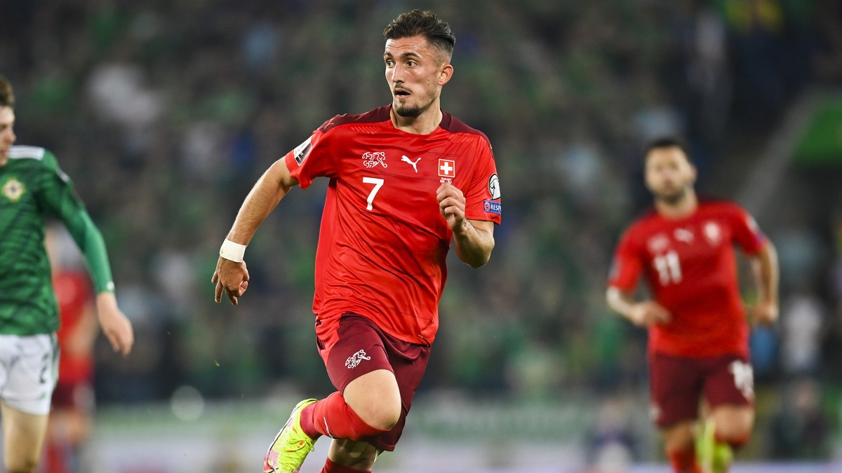 Switzerland's Andi Zeqiri during the 2022 FIFA World Cup European Qualifying Group C soccer match between Northern Ireland and Switzerland at Windsor Park stadium in Belfast, Northern Ireland, on ...