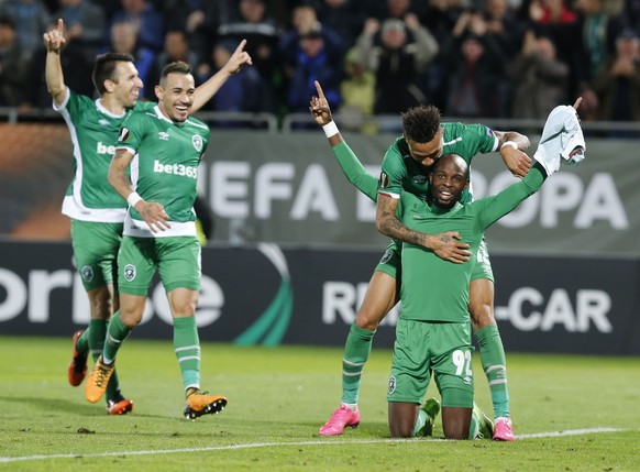 Ludogorets&#039; Jody Lukoki celebrates his goal against Hoffenheim during Europa League group C soccer match between PFC Ludogorets Razgrad and TSG Hoffenheim, at Ludogorets Arena in Razgrad, Bulgari ...