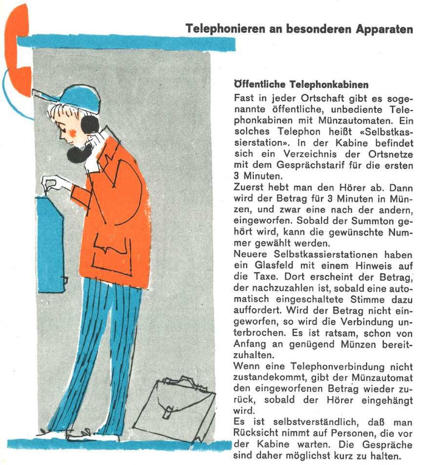 Der Umgang mit einer Kassierstation will gelernt sein. Ausschnitt aus der von «Pro Telephon» herausgegebenen Schul-Broschüre «Richtig telephonieren» aus dem Jahr 1962.