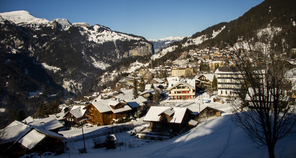 A general view of the mountain village during the Coronavirus disease (Covid-19), in Wengen, Switzerland, Monday, January 11, 2021. At the moment this year's edition of the FIS Ski World Cup in t ...