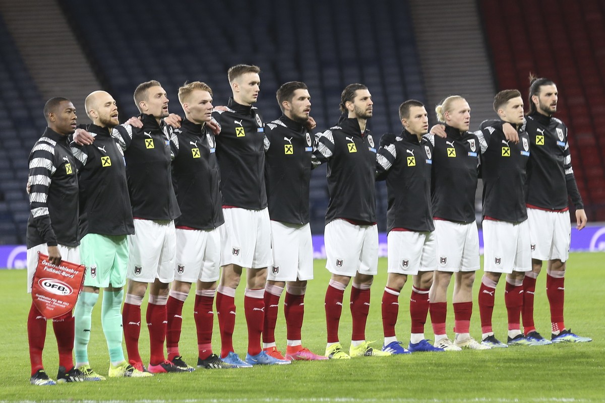 epa09097402 Team Austria lines up ahead of the FIFA World Cup 2022 qualifying soccer match between Scotland and Austria in Glasgow, Britain, 25 March 2021. EPA/Robert Perry