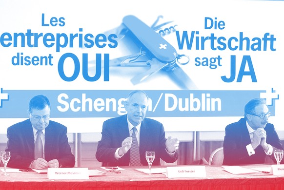 Jetzt legt sich die Wirtschaft ins Zeug: Verbandspräsidenten werben am 15. April 2005 für ein Ja zu Schengen-Dublin.