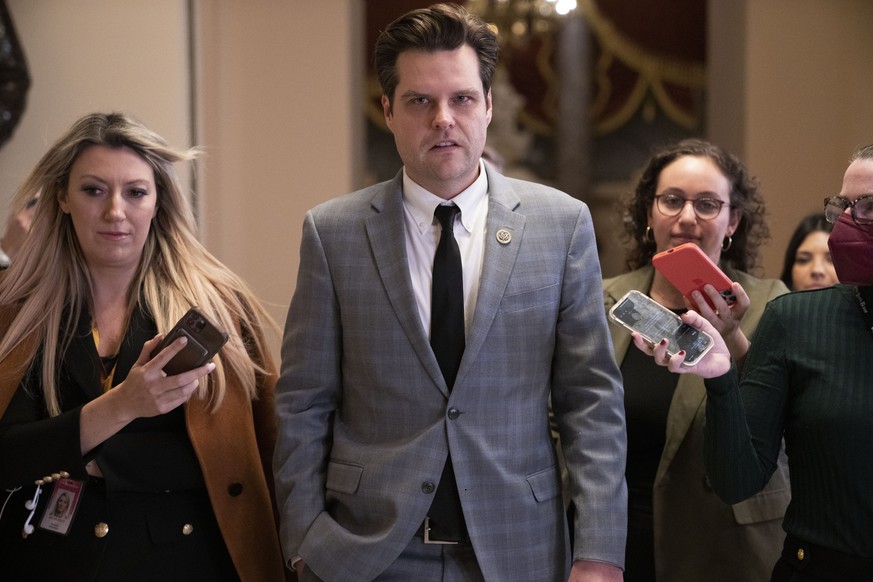 FILE - Rep. Matt Gaetz, R-Fla., is questioned by reporters, Jan. 6, 2023, on Capitol Hill in Washington. Gaetz says Justice Department has informed him he won?t face charges related to sex trafficking ...