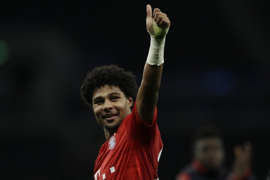 Bayern&#039;s Serge Gnabry, scorer of four goals, celebrates after the Champions League group B soccer match between Tottenham and Bayern Munich at the Tottenham Hotspur stadium in London, Tuesday, Oc ...