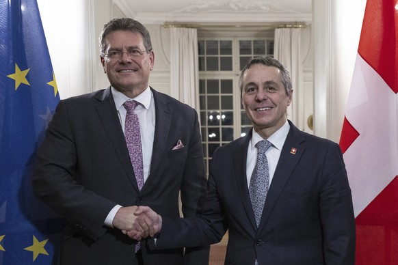 Swiss Federal Councilor Ignazio Cassis, right, welcomes Vice-President of the European Commission Maros Sefcovic during a working visit in Bern, Switzerland, Wednesday, March 15, 2023. (Peter Schneide ...