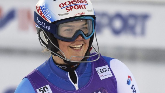 epa05628240 Melanie Meillard of Switzerland reacts after her second run of the women&#039;s Slalom race of the FIS Alpine Skiing World Cup in Levi, Finland, 12 November 2016. EPA/MARKKU OJALA FINLAND  ...