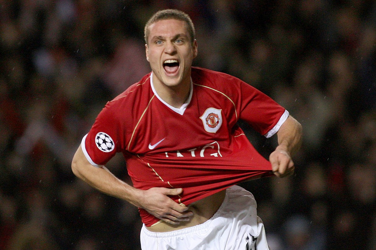 FILE - This is a Wednesday Dec. 6, 2006 file photo of Manchester United's Nemanja Vidic as he celebrates scoring against Benfica during their Group F Champions League soccer match at Old Trafford ...