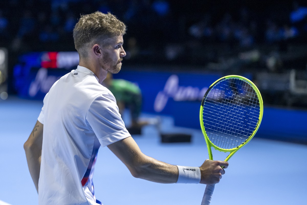 Switzerland's Jerome Kym cheers after winning the first set during his round of sixteen match against USA's Ben Shelton at the Swiss Indoors tennis tournament at the St. Jakobshalle in Basel ...