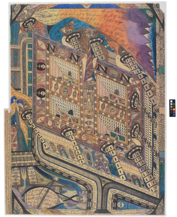 Adolf Wölfli, der von 1895 bis 1930 Patient in der Waldau ist, kartographiert die Struktur einer Irrenanstalt. Der eigene Kopf und die Anstalt werden überblendet und es zeigt, wie sich Insassen im «Pa ...