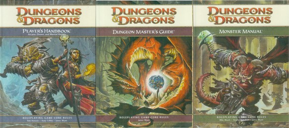 Die drei Handbücher mit den Grundregeln für die Spieler, den Spielleiter und die Monster.