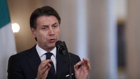 epa06919420 Italian Prime Minister Giuseppe Conte and US President Donald J. Trump (not pictured) participate in a joint press conference in the East Room at the White House in Washington, DC, USA, 30 ...