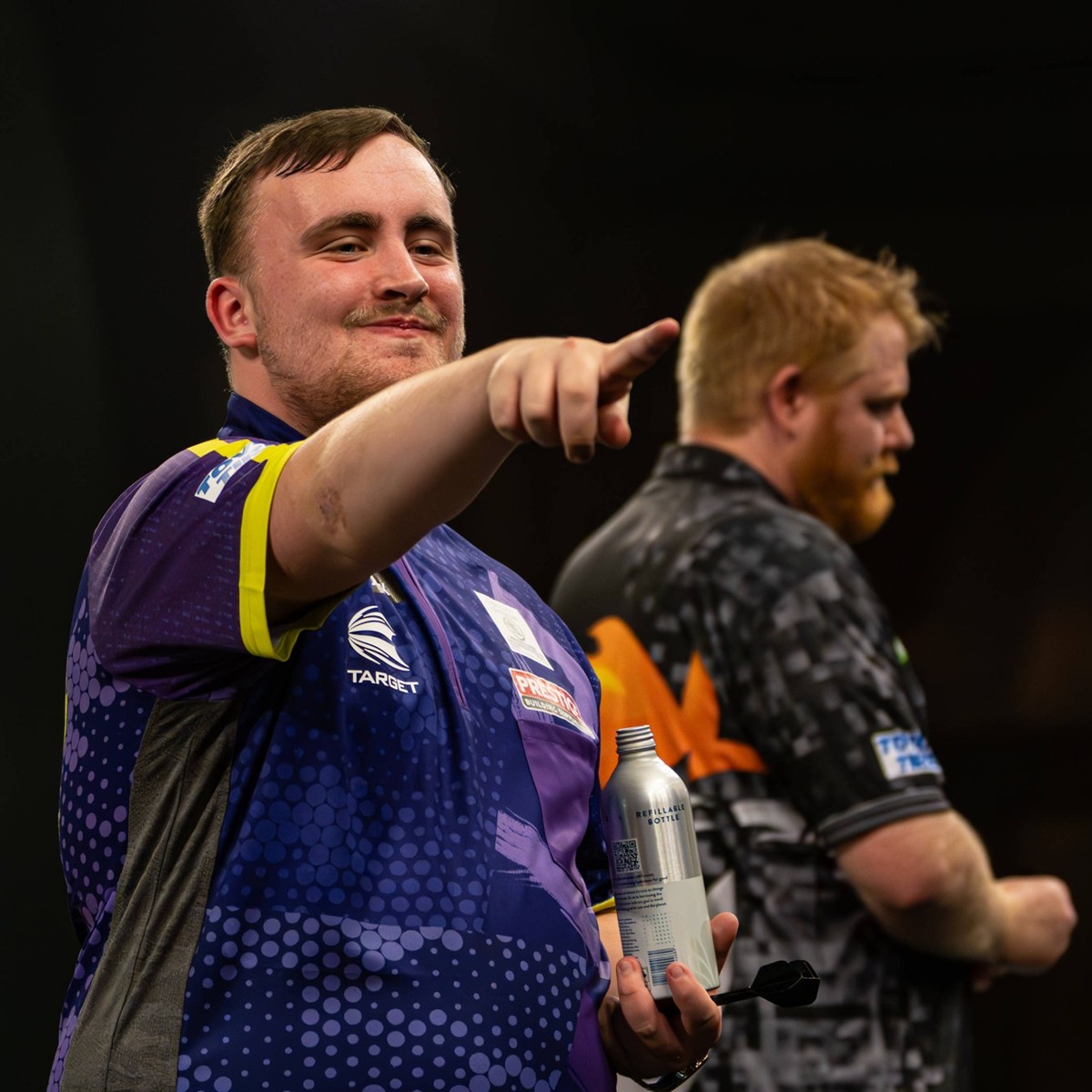 27th December 2023, Alexandra Palace, London, England 2023/24 PDC Paddy Power World Darts Championships Day 10 Evening Session Luke Littler points to someone in the crowd and celebrates after winning  ...