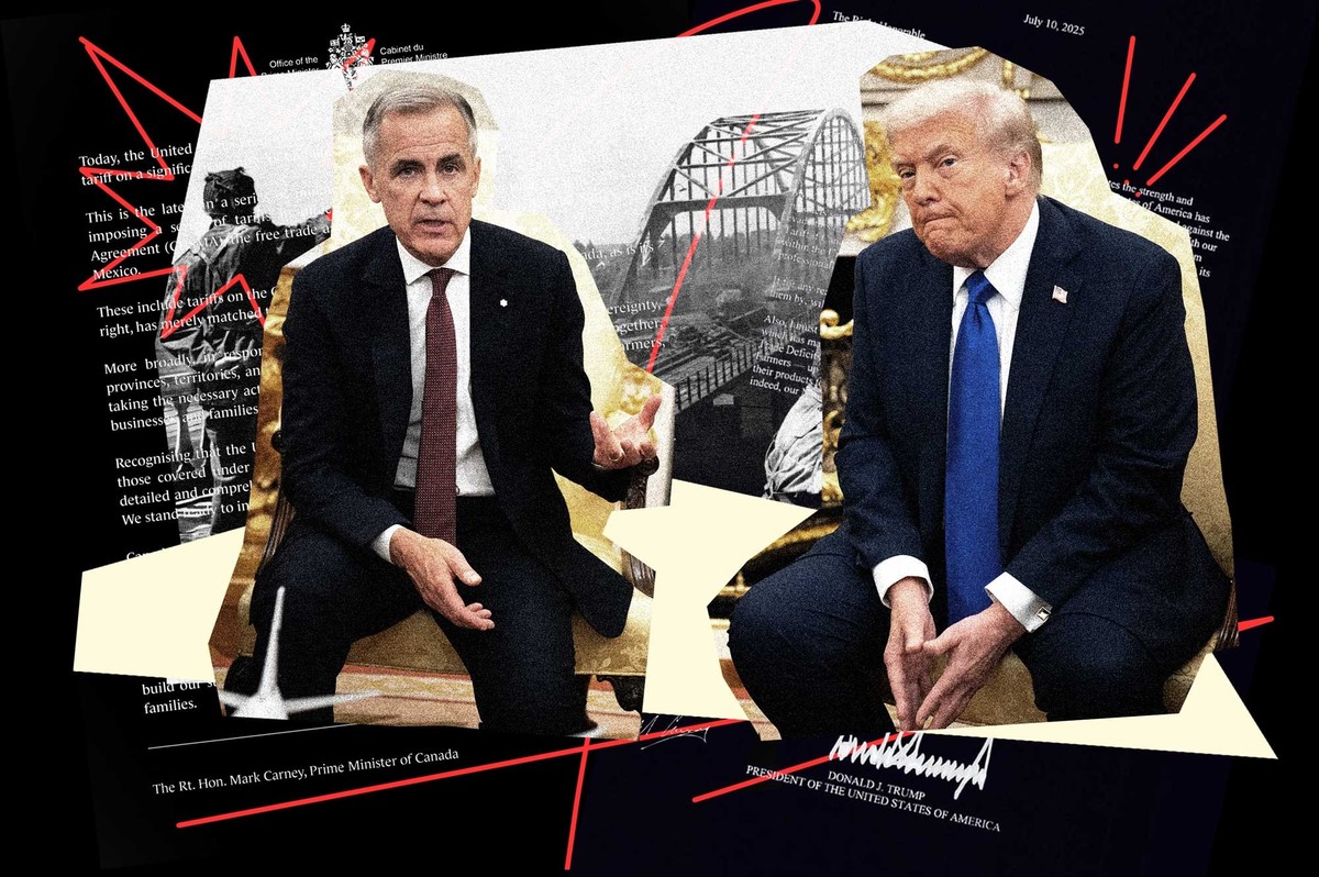 Auf dem Bild: Eine Kollage zeigt den kanadischen Premierminister Mark Carney und US-Präsident Donald Trump vor einem Bild der John Frost Brücke in Arnhem aus dem Film "a bridge too far" von  ...