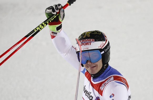 epa07373187 Loic Meillard of Switzerland reacts in the finish area during the second run of the men&#039;s Giant Slalom at the 2019 FIS Alpine Skiing World Championships in Are, Sweden, 15 February 20 ...