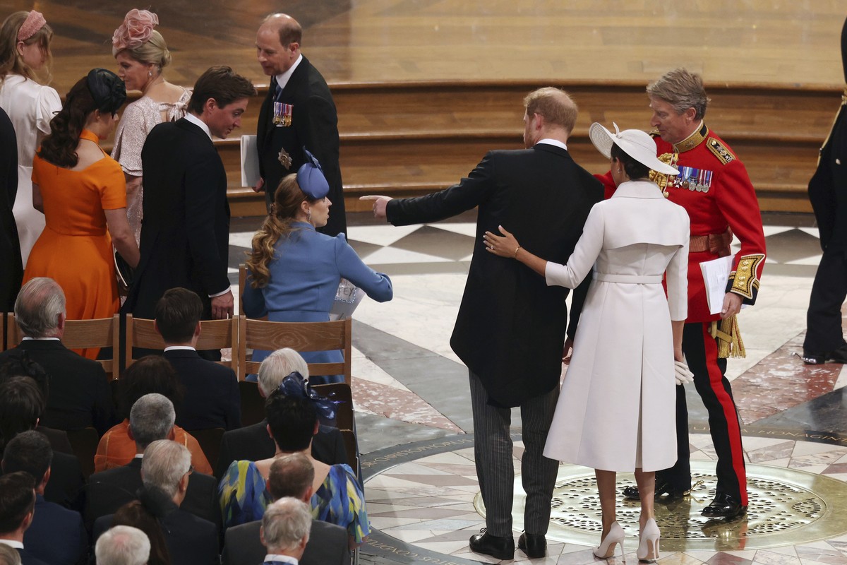 Prince Harry and Meghan, Duchess of Sussex arrive to attend a service of thanksgiving for the reign of Queen Elizabeth II at St Paul���s Cathedral in London, Friday June 3, 2022 on the second of four  ...